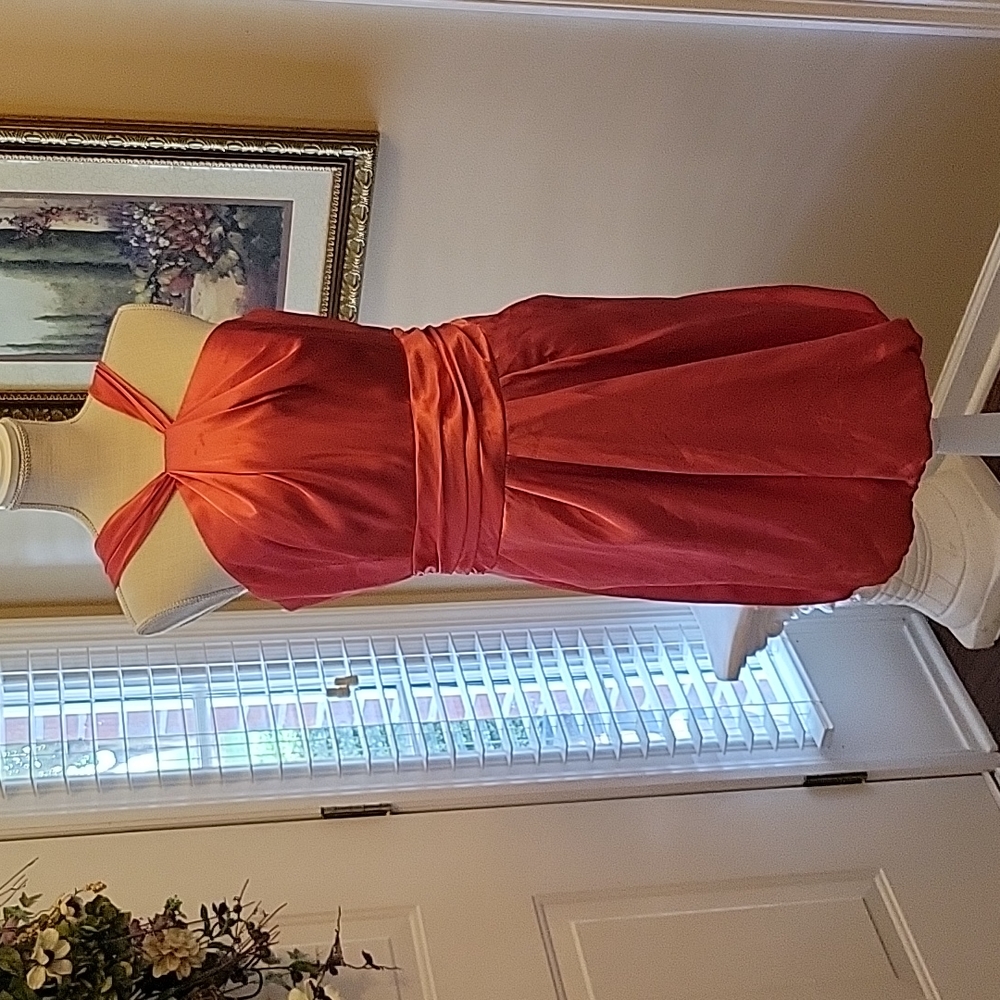 David's Bridal coral satin halter dress bouffant hem pleated fully lined 12 EUC…